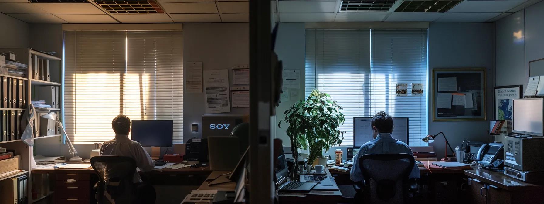 a dimly lit office space features a solitary figure sitting at a desk, with a distant, contemplative gaze and a cluttered workspace hinting at internal turmoil, encapsulating the subtle cues of passive suicidal ideation.