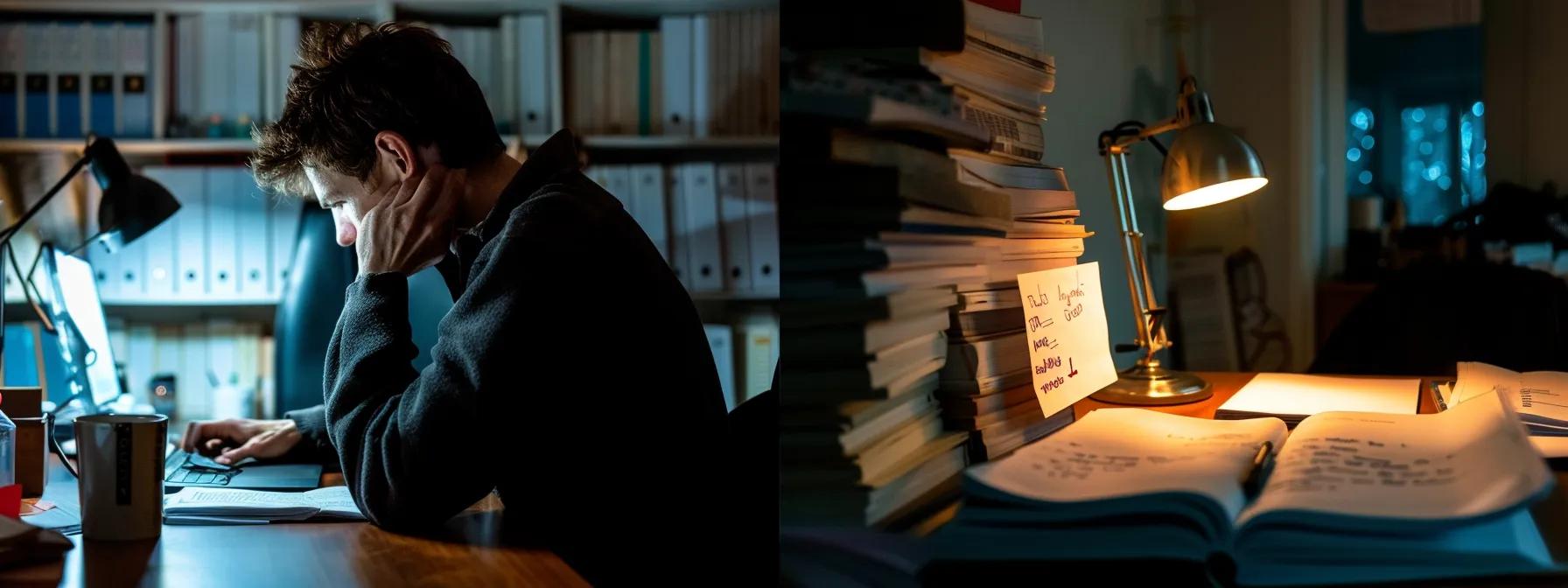 a somber but empathetic office setting featuring a lone figure sitting thoughtfully at a desk, illuminated by the soft glow of a desk lamp, with scattered papers and an open journal reflecting the weight of unspoken emotional struggles.