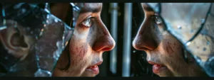 Understanding the Intersection of Mental Illness and Narcissism 4 a person staring at their reflection in a shattered mirror, highlighting the juxtaposition of mental illness and narcissism.
