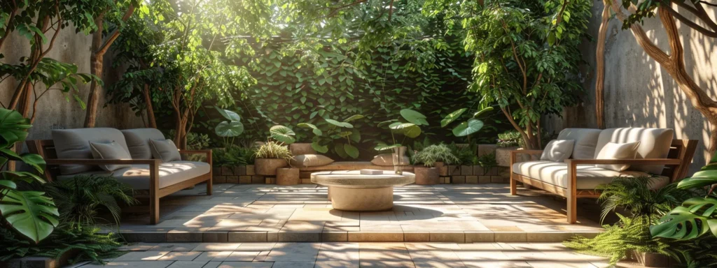 Outpatient Drug Rehab. a serene outdoor garden setting with comfortable seating and soothing greenery, offering a peaceful environment for outpatient drug rehab and addiction treatment.