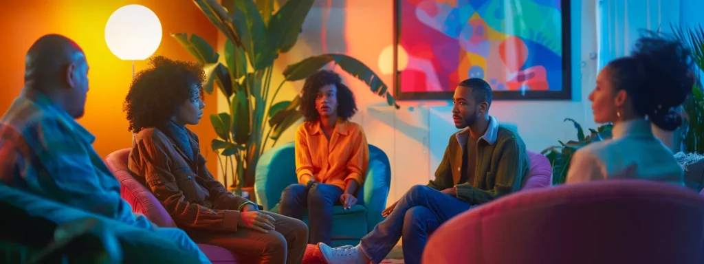 a group of diverse individuals engaging in group therapy sessions in a bright, welcoming counseling room.