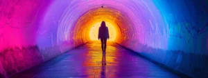 a person walking through a dark tunnel towards a bright, colorful light at the end.