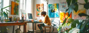 a person sitting in a bright, airy room surrounded by colorful paintings and art supplies, engaging in a therapeutic art session.