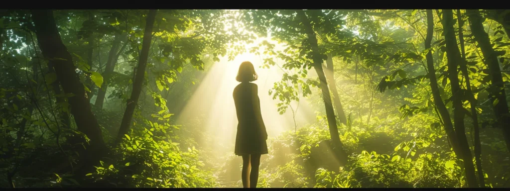 a woman standing tall and strong in a sunlit forest, surrounded by trees bending under the weight of vibrant green leaves, symbolizing growth and resilience.