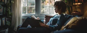 Transforming Lives: Cognitive Behavioral Therapy Success Stories 2 Cognitive Behavioral Therapy,a person seated in a cozy room, deeply focused on a notebook filled with positive affirmations and goals.