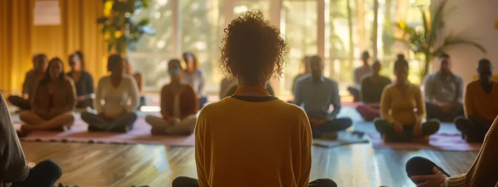 a diverse group of community members engage in a mindfulness session at a bustling, welcoming community center.