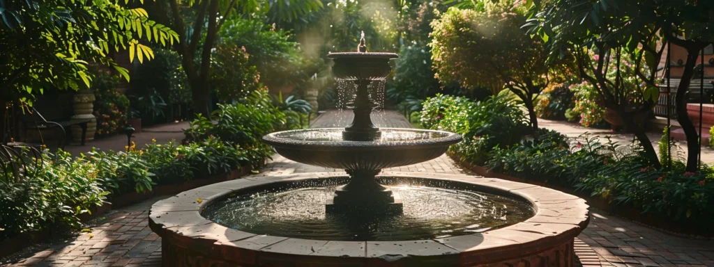 a peaceful and serene courtyard with a fountain surrounded by lush greenery at a local mental health facility.