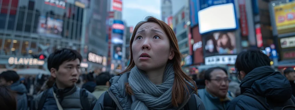 a woman standing frozen in a crowded city square, surrounded by looming buildings and bustling crowds, with a look of fear and panic on her face.
