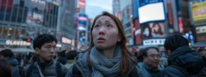 a woman standing frozen in a crowded city square, surrounded by looming buildings and bustling crowds, with a look of fear and panic on her face.