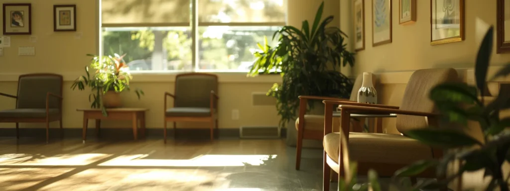 a serene, sunlit room with comfortable chairs and soothing artwork, creating a welcoming space for mental health services.