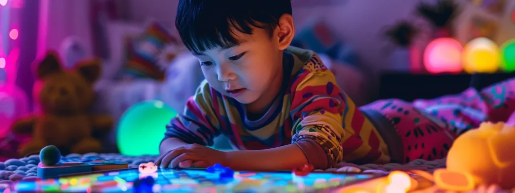 a child with autism engaged in an interactive online therapy session, surrounded by colorful sensory toys and a supportive therapist.