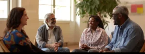 Discover Nearby Neurodivergent Groups for Support 2 a diverse group of neurodivergent individuals smiling and laughing together in a circle during a local support group meeting.