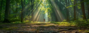 Post Traumatic Disorder Recovery: Strategies and Support 3 a person standing in a serene forest clearing, surrounded by tall trees and dappled sunlight, symbolizing peace and healing on the path to recovery from ptsd.