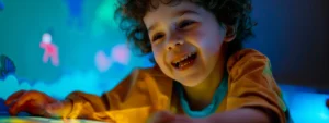Discover the Best Autistic Therapist Near You 2 autistic, neurodivergent, a young child with autism smiling brightly while engaging in a colorful and interactive therapy session.