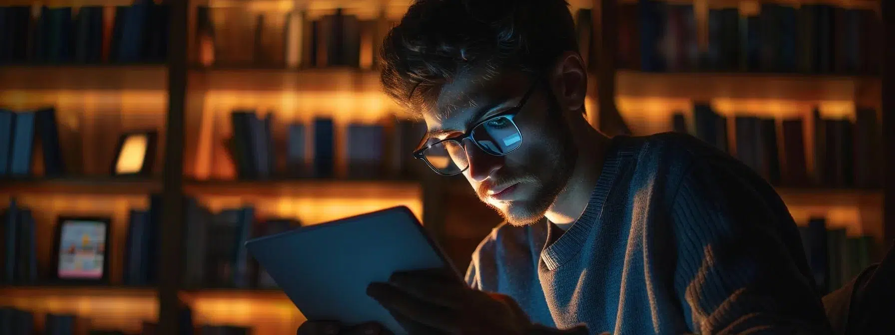 a person with relaxed eyes reading crisp, clear text on a screen with minimal scrolling, promoting calmness and reducing eye strain.