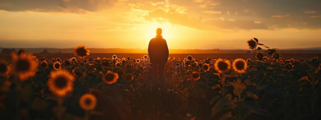 a silhouette of a person standing in a field of vibrant sunflowers, symbolizing hope and growth amidst post traumatic event recovery.