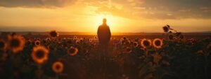 a silhouette of a person standing in a field of vibrant sunflowers, symbolizing hope and growth amidst post traumatic event recovery.