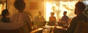 a serene group therapy session in a softly lit, tranquil room, where individuals share their stories of resilience and healing, surrounded by supportive gestures and empathetic expressions.