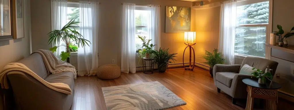 PTSD Official Guidelines for Treatment and Management Options 2 a serene, softly-lit therapy room adorned with calming colors and plush furnishings, embodying a tranquil atmosphere for healing and support in ptsd treatment.