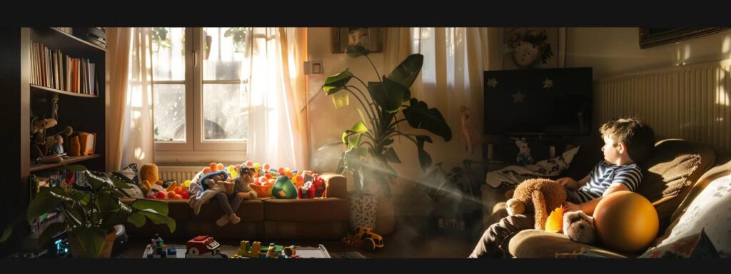a vibrant, nurturing scene of a cozy living room filled with colorful toys and books, depicting a joyful moment of connection between a parent and a neurodivergent child, illuminated by soft, warm sunlight streaming through a window.