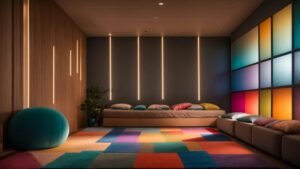 a serene and inviting sensory room bathed in soft, calming light, featuring textured materials and vibrant colors designed to create a supportive environment for individuals with autism spectrum disorder.