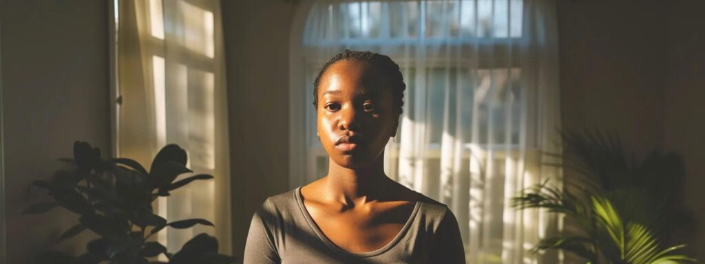 a poignant portrait of a woman standing in a sunlit room, her expression a blend of hope and melancholy, surrounded by soft shadows that symbolize the contrasting emotions of bipolar disorder.