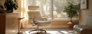 Key Considerations in Choosing a Mental Healthcare Provider 3 a serene and inviting consultation room bathed in soft natural light, featuring a comfortable chair, a calming color palette, and a peaceful atmosphere, symbolizing the process of choosing the right mental healthcare provider.