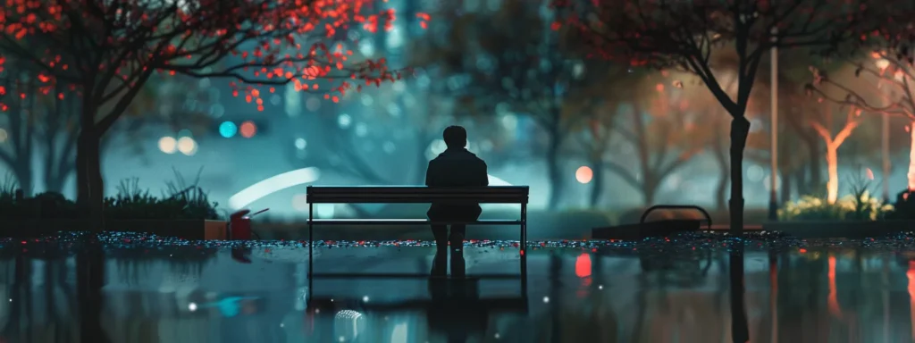 a solitary figure sits on a park bench, surrounded by a vibrant yet blurred landscape, expressing a profound sense of introspection and the weight of invisible burdens in the soft, diffused light of dusk.