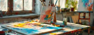 How Art Therapy Fosters Emotional Healing and Growth 2 a tranquil art therapy session unfolds in a sunlit studio, where vibrant colors and expressive brushstrokes on canvas radiate emotional release and creativity.