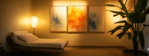 Understanding the Key Differences in CBT, MBT, and DBT Therapy 9 a tranquil therapy room bathed in soft, natural light, featuring a comfortable couch and calming, abstract artwork on the walls, symbolizing the transformative journey of cbt, mbt, and dbt therapy.