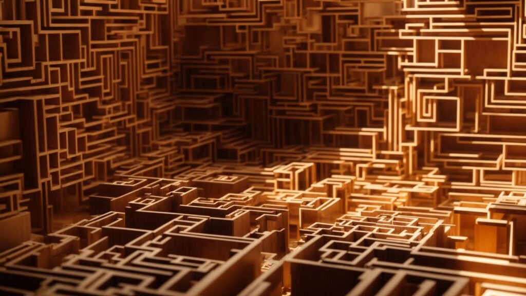 a hauntingly intricate maze of perfectly aligned objects, symbolizing the relentless order and chaos of obsessive-compulsive disorder, illuminated by soft, dappled light filtering through a window.