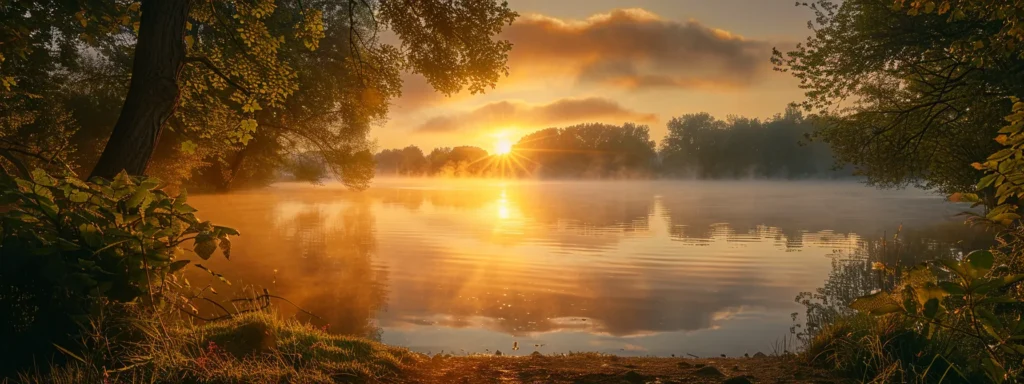 a breathtaking sunrise casts a golden glow over a tranquil lake, with mist rising from the water's surface and vibrant trees framing the scene, evoking a sense of peace and serenity.