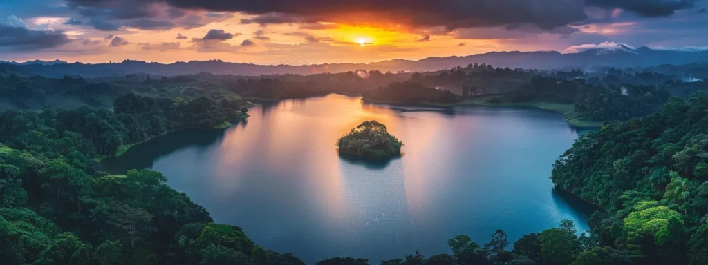 a breathtaking sunset paints the sky in vibrant shades of orange and purple, casting a serene glow over a tranquil lake surrounded by lush greenery.