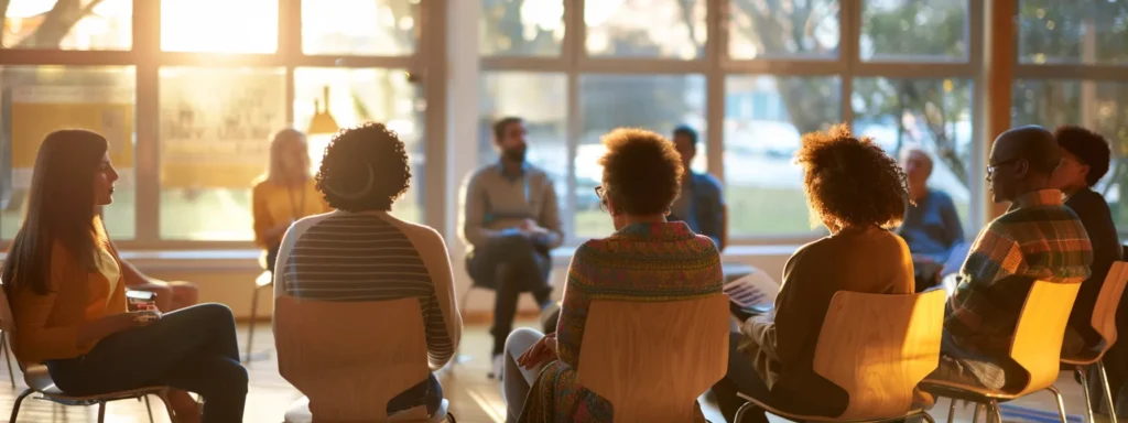 a bright, inviting therapy room filled with diverse individuals engaged in a lively group discussion, radiating warmth and connection as they share personal stories of recovery and support in an atmosphere of solidarity.