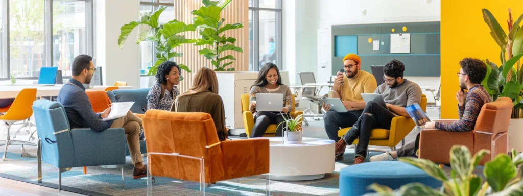 a bright, modern office space features a diverse group of individuals engaged in a lively peer-support discussion, embodying the concept of accessible behavioral health resources through shared experiences and digital engagement.