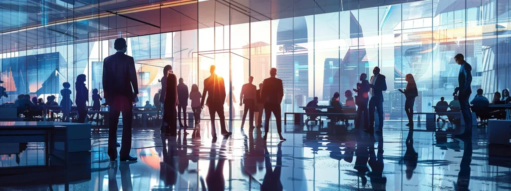 a bustling urban office with sleek glass walls showcases a diverse group of professionals engaged in animated discussions, surrounded by modern technology and vibrant artwork, radiating innovation and collaboration.