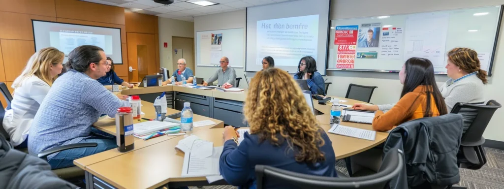 a focused and engaging workshop setting with participants actively collaborating around a sleek conference table, surrounded by whiteboards filled with coping strategies and motivational visuals, illustrating the empowering atmosphere of intensive outpatient programs for lifelong mental health management.