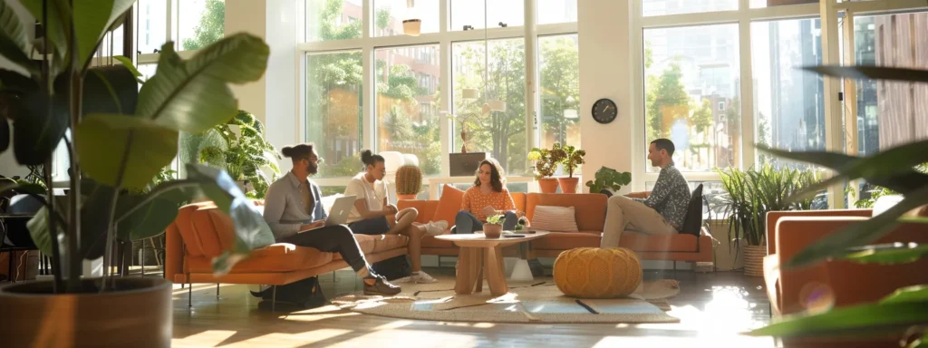 a focused and modern office space with a diverse group of individuals engaged in a dynamic therapy session, featuring supportive dialogue and collaborative activities that highlight personal growth and mental health recovery.