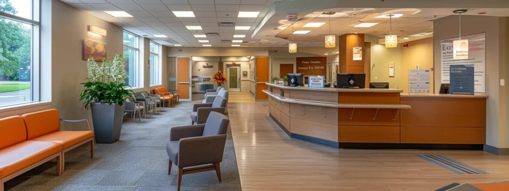 a focused scene inside a modern mental health facility reception area, featuring a warm and welcoming ambiance with soft lighting, comfortable seating, and informational brochures on behavioral health services prominently displayed.