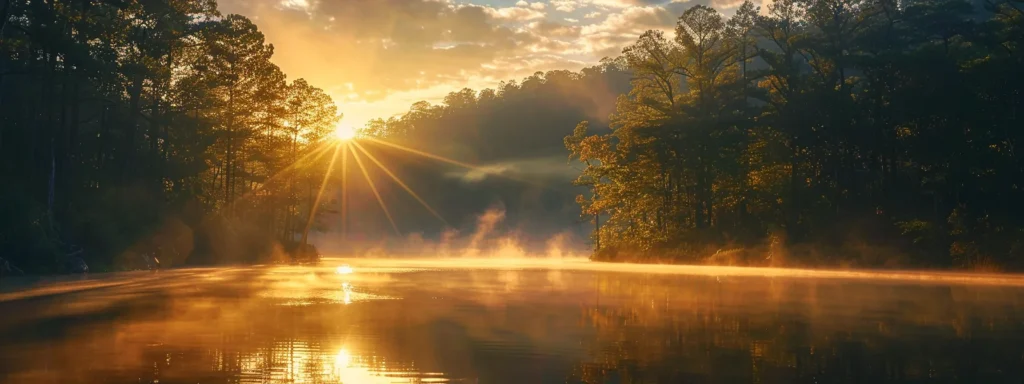 a majestic sunrise bathes a tranquil forest landscape in warm golden hues, illuminating towering trees and a whispering mist that dances above a serene, reflective lake.