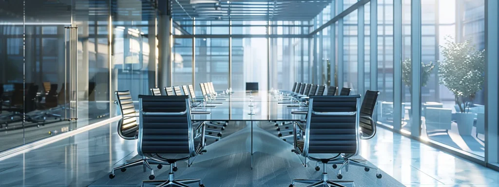 a modern office space featuring a sleek glass conference table surrounded by stylish ergonomic chairs, illuminated by bright overhead lighting that casts sharp shadows, conveying a sense of innovation and professional collaboration.