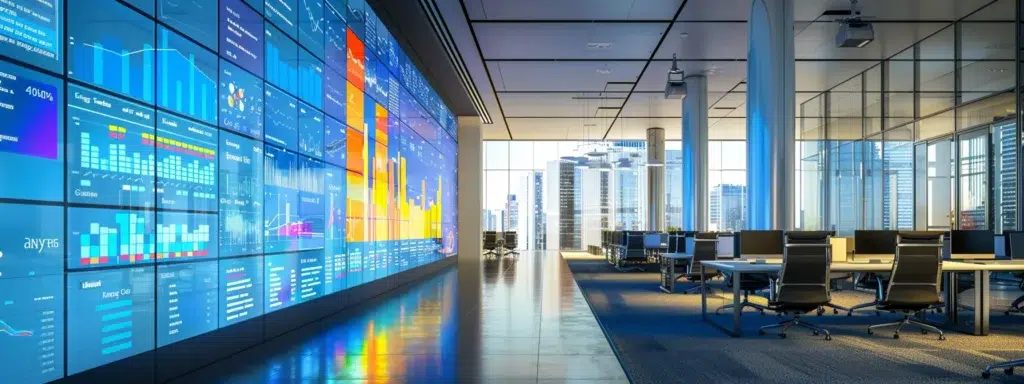 a modern office space featuring sleek, minimalist furniture and high-tech screens displaying vibrant data visualizations, radiating a sense of innovation and productivity.