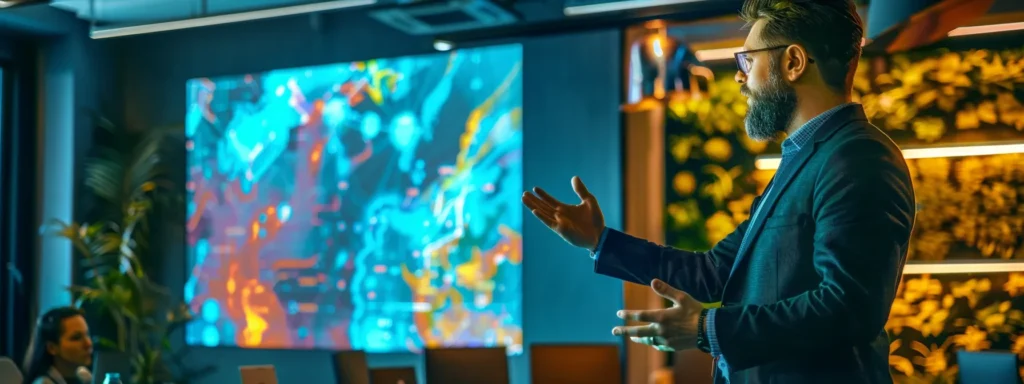 a modern, sleek office setting features a confident professional presenting a bold, innovative idea on a large digital screen, illuminated by vibrant artificial lighting that emphasizes the dynamic atmosphere of collaboration and creativity.