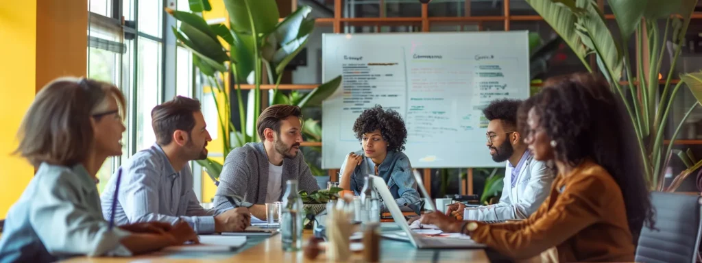 a modern, well-lit office environment features a group of diverse individuals engaged in a focused discussion around a conference table, with a whiteboard displaying key points about behavioral health facility evaluation, symbolizing the importance of informed decision-making in mental health care.