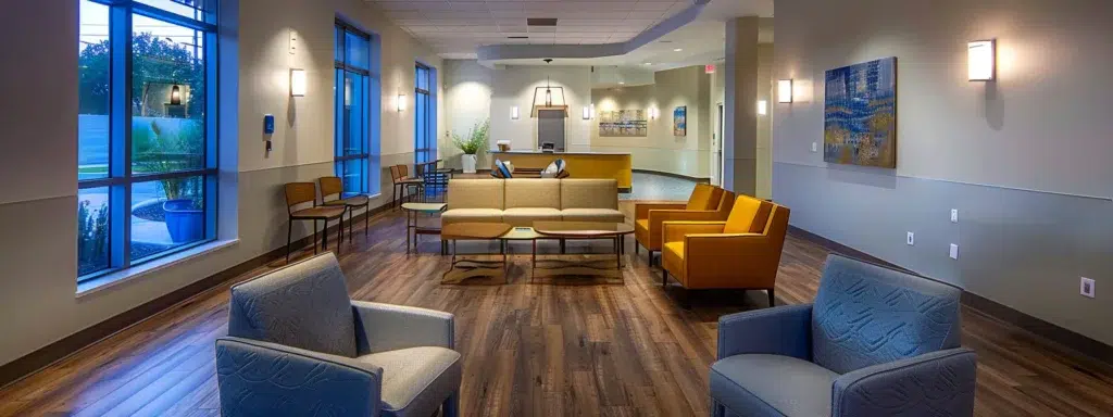 a serene and inviting interior of a residential behavioral health facility, featuring comfortable common areas with soft lighting and calm color palettes, where individuals engage in supportive group activities focused on recovery and personal growth.