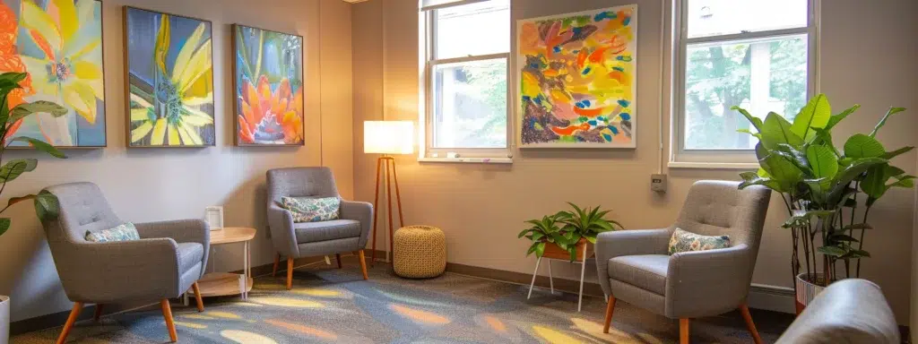 a serene and inviting therapy room, featuring comfortable seating, vibrant artwork, and soft ambient lighting, where individuals engage in personalized discussions and collaborative workshops focused on holistic mental health recovery.