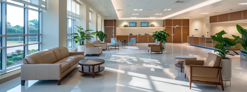 a serene and modern inpatient behavioral health facility interior, featuring a clean, inviting common area with soft, ambient lighting, where a diverse group of patients engage in a supportive therapy session surrounded by comfortable furnishings.