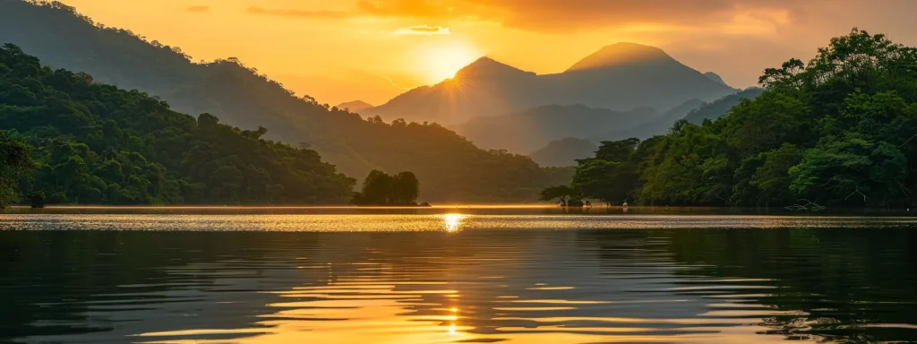 a serene and vibrant sunrise casts a golden glow over a tranquil lake, with the still water reflecting the surrounding lush greenery and majestic mountains in the background.