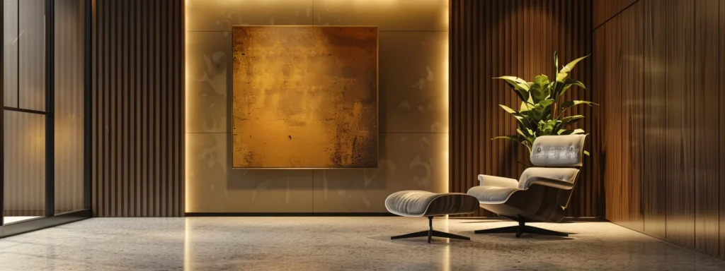 a serene, modern office space featuring a plush armchair and a calming art piece on the wall, illuminated by soft, warm lighting, to evoke a sense of mental well-being and tranquility.