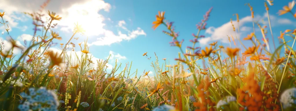 a serene, sun-drenched landscape features vibrant wildflowers swaying gently in the breeze beneath a brilliant blue sky, embodying the essence of nature's tranquility.